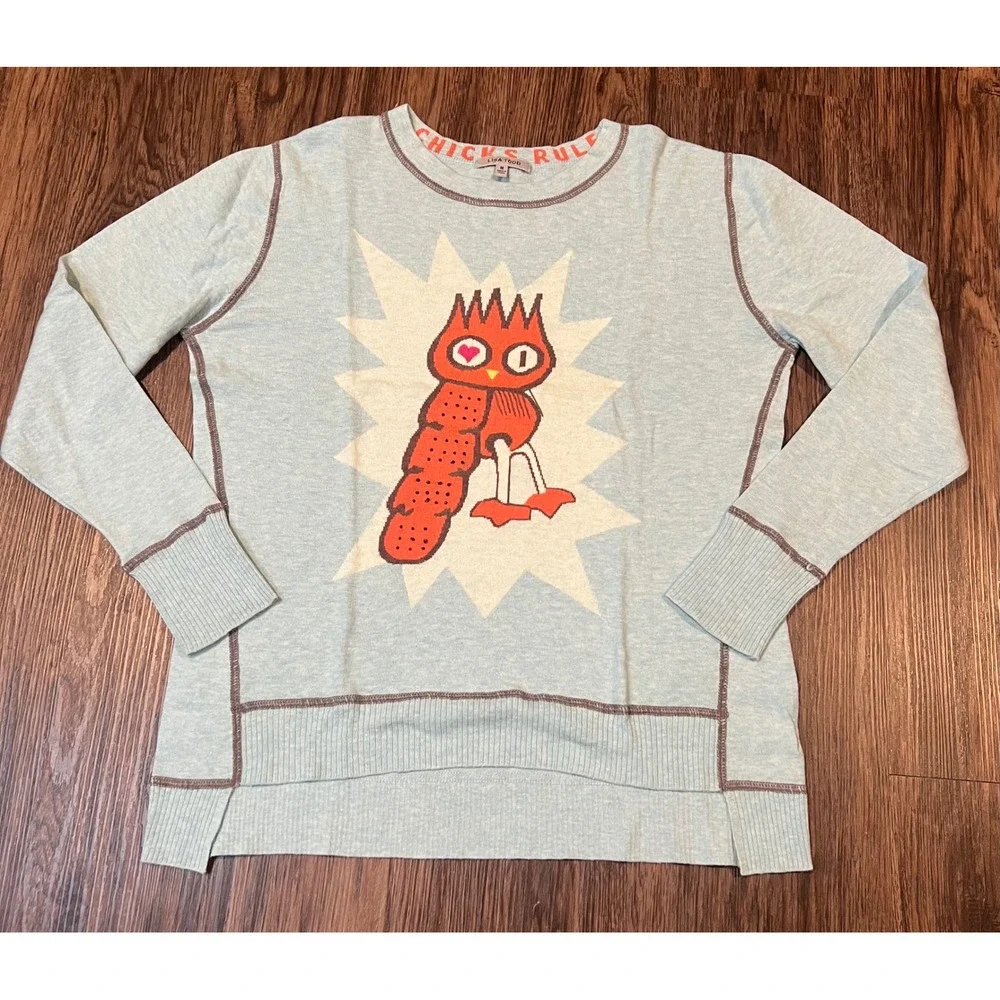 Lisa Todd Chicks Rule Cotton Cashmere Bird Graphic Sweater Blue Size M